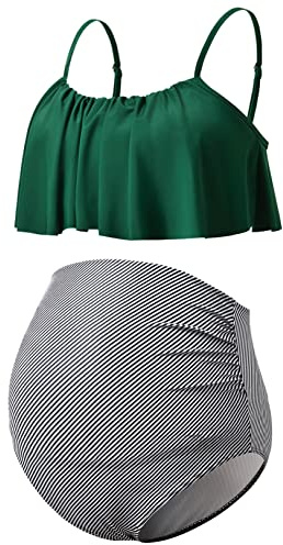 DEBELLY Maternity Swimsuits Two Piece Swimwear for Women Flounce Chic Bathing Suits High Waist Pregnancy Bikini Set,Green,S