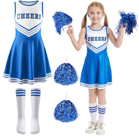 Aurasky Disfraz de Animadora para Niña, Disfraz Cheerleader Mujer Traje Animador Niños, Uniforme Porristas con Calcetines y Pompones, Animador Disfraz Regalo para Carnaval Halloween Cosplay Fiesta