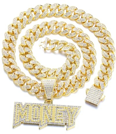 HALUKAKAH Collar con Colgante Chapado en Oro de 18K para Hombre - Más de 1000 Diamantes - Cadena de Eslabones Cubanos - Colgante de Letras de Money 3D - Estilo Hip Hop - Completo con Caja de Regalo