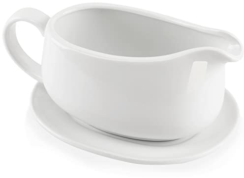 Buyajuju 25 oz Gravy Boat and Tray, Ceramic White Gravy Boat with Saucer Stand for Dining, 2 Pieces Procelain Gravy Boat and Saucer