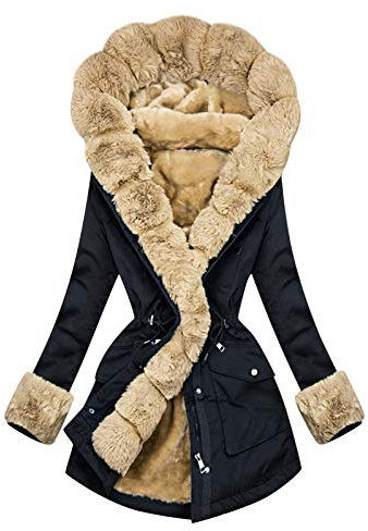 HHMY Vinterparkas dam fodrad, varmt teddyfoder kappa utomhusjacka trenchcoat med fuskpäls huva vinterrock långa ärmar tjock huvjacka midja quiltad parkas kappa, S – XXL
