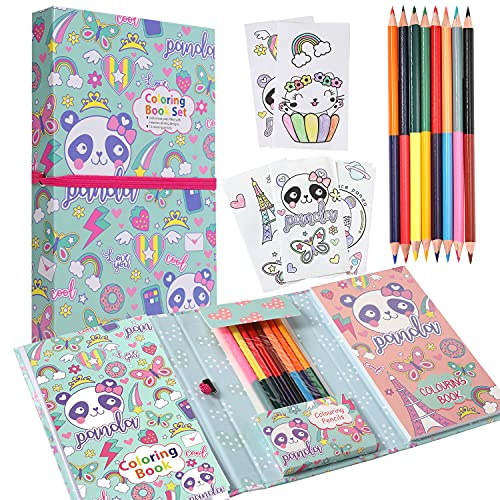 Pinkgarden Panda Coloriage Livre pour Filles, Coloriage Livre Kit avec 60 Pages et 16 Crayons de Couleur pour Dessin Peinture, Cadeau d'anniversaire pour les filles, les garçons et les enfants