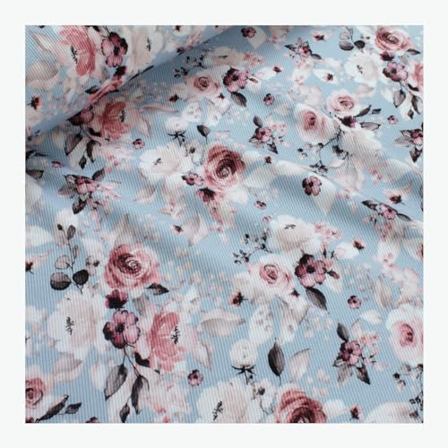 Stoff am Stück 0,5 Meter Stoff Baumwolle Elastan Rib Jersey hellblau Rose Rippenjersey Rippenstrick zarte Rosen