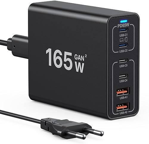 USB C-laddare 165W GaN, USB C-dator för skrivbordsladdning GaN 6 portar för snabb reseladdning av väggladdare kompatibel med MacBook Pro/iPhone 14/15/16 serien/Samsung Galaxy S23/S24/S25/Laptop