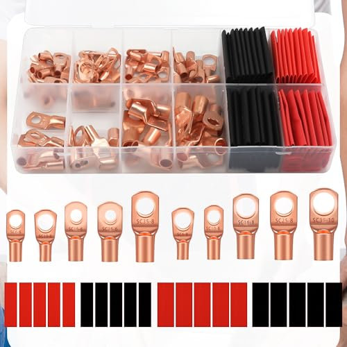 150pcs Battery Cable Ends, Awg 2 4 6 8 10 Gauge Wire Connectors Copper Wire Lugs Ring Terminals with Heat Shrink Tubing Kit for Marine Electrical
