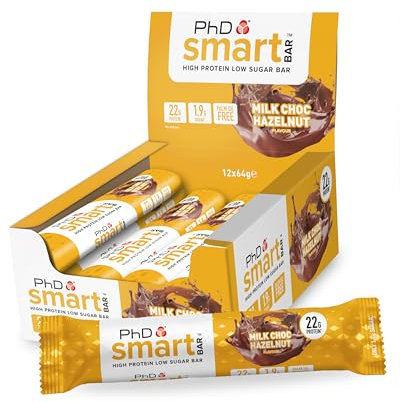 PhD Nutrition Smart Protein Bar Low Calorie, Nutritional Protein Bars/Protein Snacks, High Protein Low Sugar, Chocolate Hazelnut Flavour, 20g of Protein, 64g Bar (12 Pack)