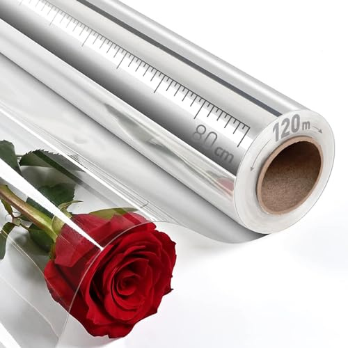 Rollo de Celofán Transparente 80cm x 120m para Envolver Regalos, Cestas y Decoración de Flores, Papel Celofan Transparente con Grosor 35 micras (80cm x 120m)