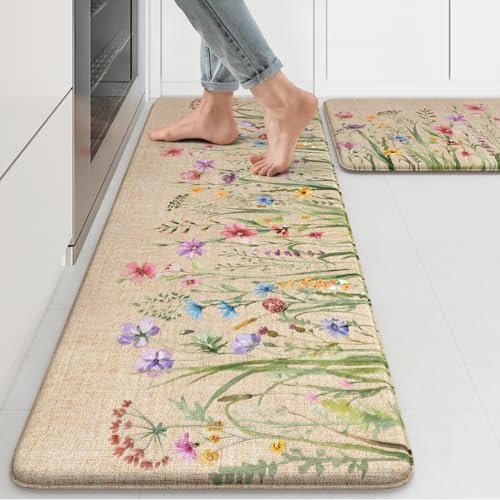 KIMODE Anti Fatigue Kitchen Mat, 17x47+17x29 Floral Kitchen Rugs Sets of 2, Farmhouse Kitchen Floor Mats Non-Slip Cushioned, Comfort Standing Desk Mat for Sink, Laundry,Home Brown