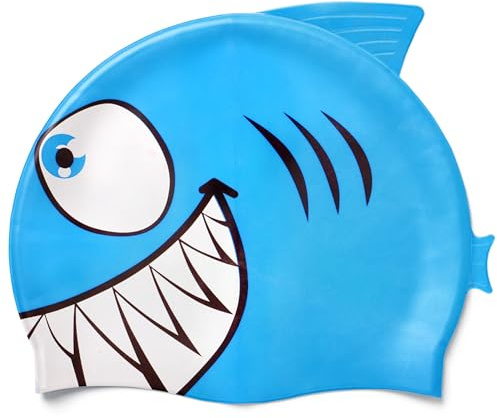 EANAGO Cuffia da nuoto in silicone per ragazze alla moda per bambini per nuotare e allenarsi, adatta per circa 4-12 anni – Cuffia da bagno per bambini (Piranha)