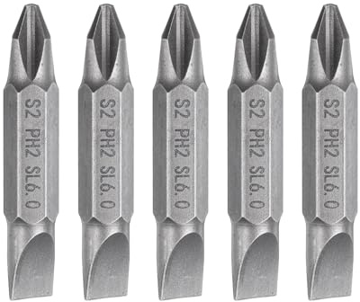 sourcing map 5pcs Magnetic Double Ended Screwdriver Bit 6.35mm PH2/SL6 1.5 Length 1/4 Hex Shank S2 Steel Phillips Cross Slotted Flat Screw Driver Bit, Grey