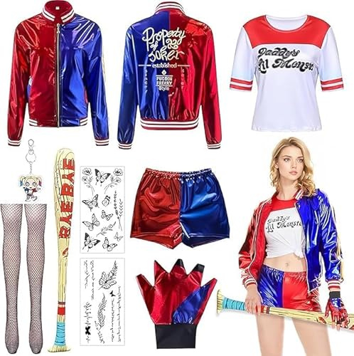 ZeiLaBang Kakadi Costume Harley Quinn, costume Harley Quinn pour femme, kit de méchant pour fille comprenant veste, t-shirt, short et gant, bâton de ballon, bas pour carnaval, cosplay