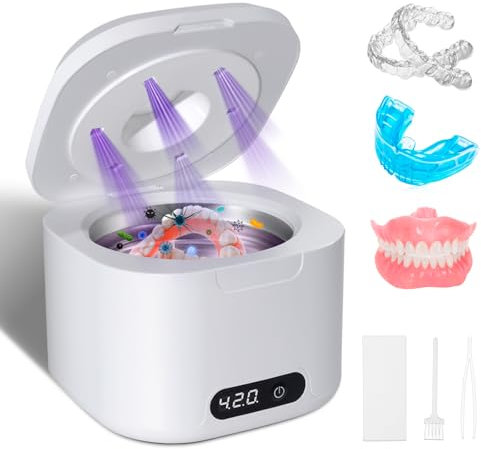 ACOHSY Ultraschallreinigungsgerät 340ML 49KHZ mit UV & 4 Modi für Zahnschienen, Dental Pod,Dentures, Retainers, Aligners, Dental Splint, Prostheses,Jewellery