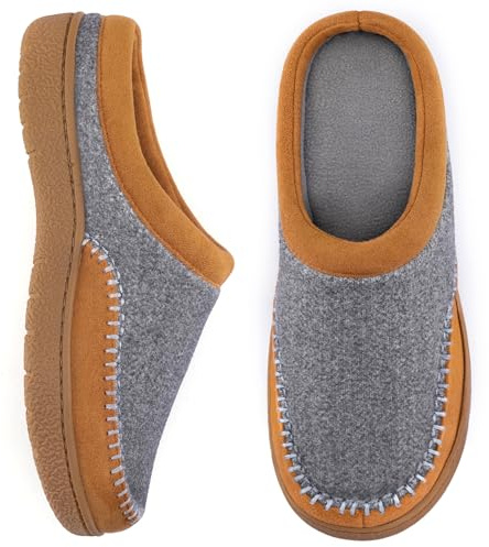 Zigzagger Women's Slip On Moccasin Slippers, Microsuede Indoor/Outdoor Comfy House Shoes Memory Foam Assembled with Felt, Loafer Clog Mule Slippers (Grey&Tan, Size 11-12)