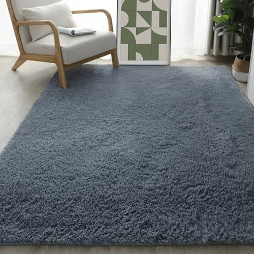Alfombra Dormitorio 120 x 140 cm Pelo Largo Alfombras Dormitorio Modernas Talla para Salón, Habitación de Los Niños, Gris Oscuro