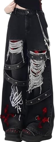 Y2K Ripped Grunge Baggy Jeans Byxor Emo Kvinnor Goth Straight Leg Byxor Hög midja Alt Y2KTousers Kläder