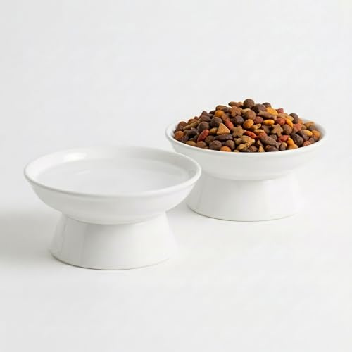 YULL Comederos Elevados para Gatos de Cerámica, 16 cm x 6 cm Cuenco Blanco para Comida y Agua, Diseño Plano Anti Fatiga de Bigotes (Set de 2)