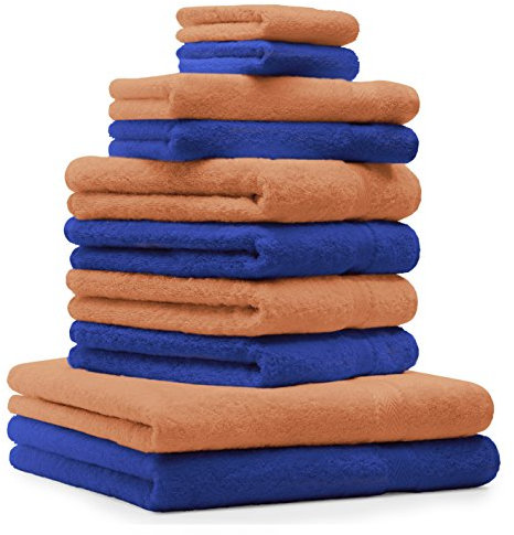 Betz 10 TLG. Handtuch Set Premium 100% Baumwolle 2 Duschtücher 4 Handtücher 2 Gästetücher 2 Waschhandschuhe Farbe Royal Blau & Orange Terra