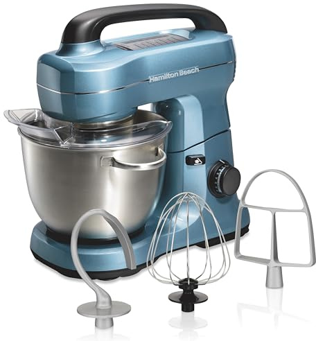 Hamilton Beach Electric Stand Mixer, 4 Quarts, Dough Hook, Flat Beater Attachments, Splash Guard, 7 Speeds with Whisk, Easy-Carry Top Handle, Blue