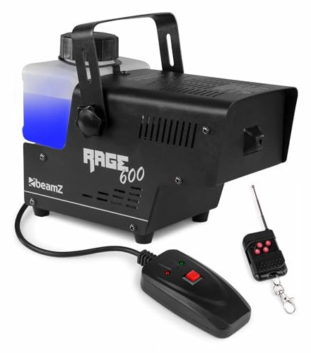 BeamZ RAGE 600 - Máquina de humo de 600 W, depósito 500ml iluminado, calentamiento rápido en 2 minutos, salida de humo de 65m³ por minuto, mando a distancia con cable de 3 metros y mando inalámbrico
