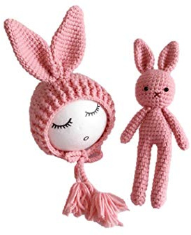 Matissa Newborn Baby Crochet Knit Costume Photography Prop Baby Bunny Hat and Doll Set (Pink)
