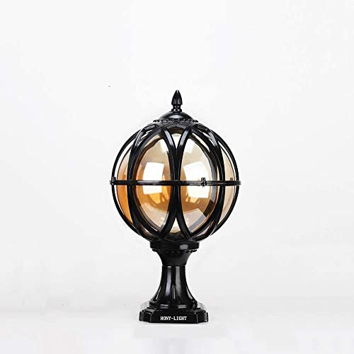 Retro Outdoor Column Sphere Waterproof Black Pedestal Lamp Outside Garden Light Lawn Patio Villa Balcony Fence Hotel Landscape Patios Pathway Lamp (27.5 * 14 * 48cm)