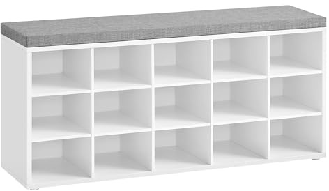 VASAGLE CUSTOS Collection - Shoe Bench, Storage Bench with Padded Seat, Entryway Bench with 15 Compartments, for Bedroom, 11.8 x 41.3 x 18.9 Inches, Cloud White and Dove Gray ULHS15WT