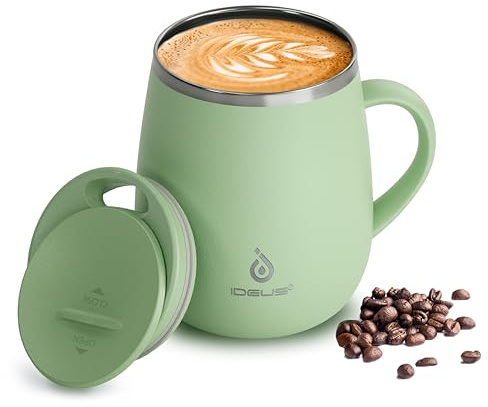 Ideus 16 oz Insulated Coffee Mug with Handle and Lid, Double Wall Stainless Steel Vacuum Thermal Coffee Mug, Travel Coffee Cup Thermal Cup for Home and Office, Avocado Green