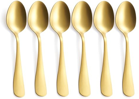 GoGeiLi Matt guld efterrättsskedsset, 17,3 cm rostfritt stål satinfinish guld tesked, kaffe espressosked set med 6, diskmaskinssäker
