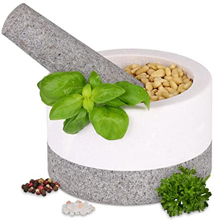 Relaxdays Mörser mit Stößel, Granit, HxD: 8x13 cm, robust, langlebig, unpoliert, Steinmörser Gewürze, Kräuter, weiß/grau
