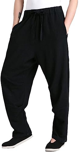 Rubruan Kung Fu Training Leinenhose – Traditionelle Chinesische Kampfkunst Taichi Wushu Haremshose Herren Damen Lange Freizeithose Frühling Sommer Hose Trainingshose Retro Stil (Schwarz, L)