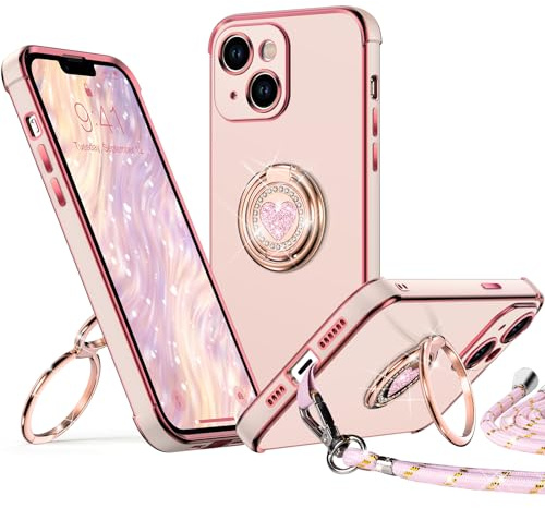XYZ Coque pour iPhone 14, avec Double Anneau de Support Cœur, avec Lanière pour Filles et Femmes, Coque de Protection de Luxe Mignonne et Scintillante pour iPhone 14, Rose