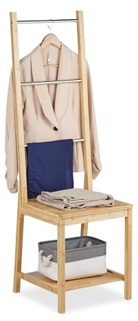 Relaxdays Herrendiener mit Ablage, Bambus, Edelstahl, HBT: 133 x 40 x 42 cm, Kleiderstuhl, Handtuchständer, natur/silber