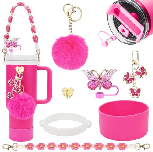 HDKAJL 7-Piece for Stanley Cup Accessories Set Red – Fits 40oz/30oz for Stanley Classic Water Bottles, Includes Pom Pom Charm, Silicone Base Protector, Bohemian Weave Strap and Straw Cover