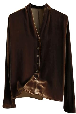 Chemises en velours pour femme - Style rétro - Manches longues - Col en V - Manches longues - Coupe droite - Élégante fête, soirée, mariage, A15-café, 3XL