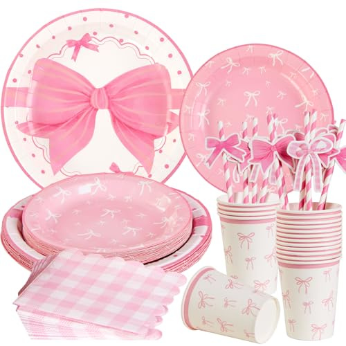 SUNBEAUTY 80Pcs Pink Paper Plates Bow Themed 9 Inch Party Plates Cups and Napkins Pink Bow Birthday Decorations with Straws Pink Party Tableware Set for Girls Women Party Supplies Serves 16 Guests