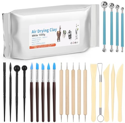 Reessy Air Dry Clay Kit, 2.2LBs Pottery Clay with 23 Pcs Ceramics Clay Sculpting Tool Set, Complete Clay Modelling Kit for Beginners and Professionals-White