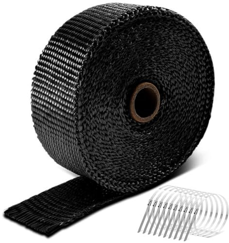 Hitzeschutzband Auspuff, 5M Titan Hitzeschutzband aus Basaltfaser, Auspuff Dichtband mit 10Pcs Edelstahl Kabelbinder, für Auspuffkrümmer von Motorrädern und Autos (5M-Schwarz)