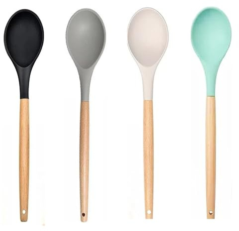 LorisArm Wooden Handle Silicone Spoon, 12 Rubber Spoon 4-Pack Nonstick Stirring Spoons for Baking Cooking and Mixing, Kitchen Serving Spoons (Grey, Green, White, Black).