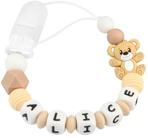 Yolnkos Attache Sucette Nom Personnalisé Prenom Teddy Ours Tetine Clips Chaîne pour Bébé Filles Garçons(Brun)