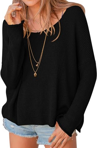 PRETTYGARDEN Women Long Sleeve Scoop Neck Oversized Sweaters,Black,L