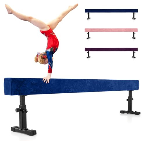 COSTWAY Poutre de Gymnastique 226 cm Réglable à 3 Niveaux | Barre d'Entraînement pour Enfants avec Pieds et Roues en Métal, Équipement de Gymnastique à Domicile