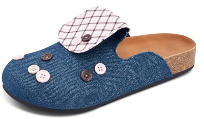 SynDev Women’s Denim Clogs with Button Flap – Soft Cushioned Footbed – Lightweight Casual Slip-On Mules for Indoor Outdoor Wear