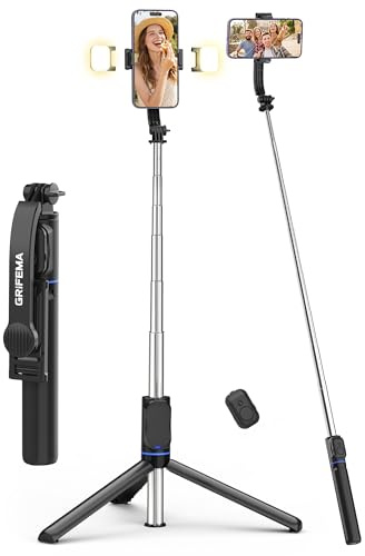 GRIFEMA Palo Selfie & Trípode con Luces LED, Trípode Extensible 107cm con Mando a Distancia, 3 Modos & 6 Niveles de Brillo, Soporte Giratorio 360°, Selfie Stick Portátil para iPhone & Android, Vlog