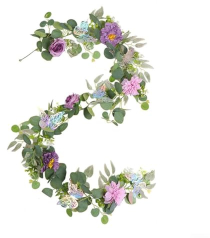 Ghirlanda di fiori artificiali con farfalle 3D, 180 cm, per matrimoni e feste, adatta per recinzioni da giardino o scale (C)