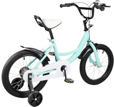 Suvnlsy 16 tums barncykel, flickor, pojkar, lätta barncykel med stödhjul, justerbar höjd, fritid och stadscykel för barn, 5–8 år (105–135 cm), kompakt och platsbesparande (grön)