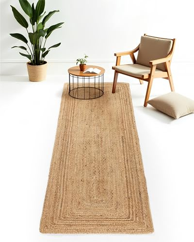 carpetfine Tapis Jute Nele Couloir Couleur Naturelle Beige 70x200 cm tissé à la Main en Jute | Tapis Naturel Moderne uni de Style Boho pour Salon et Chambre.