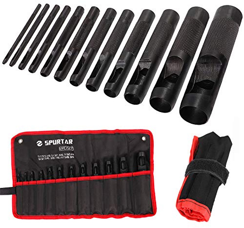 Spurtar Hollow Punch Set 12 Pieces 1/8- 3/4 Heavy Duty Carbon Steel Round Leather Hole Tool Leather Punch Set Kit for Watch Cloth Belt Gaskets with Storage Bag (Black)