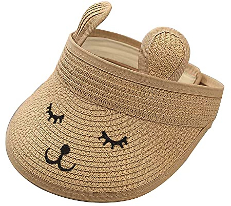 Baby Roll-up Straw Visor Hat Sun Hat, Kid Toddler Wide Brim Cute Bunny Ponytail Summer Beach Sun Hat Adjustable for 1-4 Years (Brown)