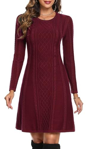 Aottori Vestito Donna Invernale in Maglione Elegante Abito Linea A in Maglia Girocollo Vestiti Pullover a Manica Lunga Maglioni Lungo Elastico Autunno Rosso Vino M