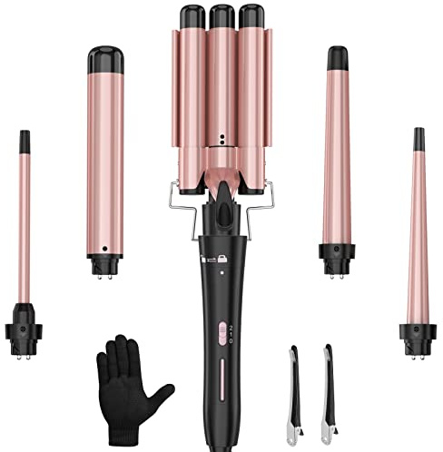 Curling Wand Set, Curling Iron Interchangeable 3 Barrel Wand Curler with Ceramic Tourmaline Professional 5 in 1 Wand Curling Iron,for Women with Curler and Waver